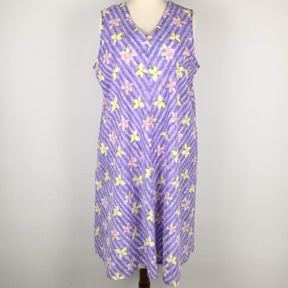 Anthony Richards House Dress 1X Purple Midi Floral Striped Pockets Sleeveless